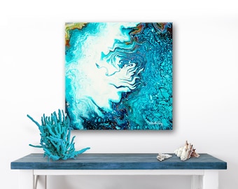 Original Fluid Art: Turquoise Abstract Acrylic Painting on Canvas (30x30 cm)