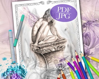 Fairy Grayscale Coloring Page: 'Contemplation' - Dragonfly Fantasy (PDF)
