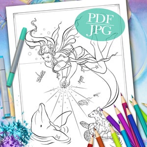 FAIRY COLORING PAGE &#39;Sienna And The Deer Ocean Blessings&#39; - Fantasy Coloring Page, Dolphin, Fairy Coloring Page For Adults, pdf, jpg