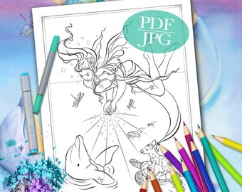 FAIRY COLORING PAGE 'Sienna And The Deer Ocean Blessings' - Fantasy Coloring Page, Dolphin, Fairy Coloring Page For Adults, pdf, jpg