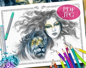 GRAYSCALE COLORING PAGE 'Lion Totem' - Fantasy, Faces, Animal Coloring Page, Grayscale Coloring for Adults, Printable, pdf, jpg