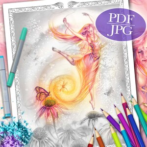 GRAYSCALE COLORING PAGE 'Fairy Dance' - Dancing Fairy Grayscale Coloring Page, Butterfly Coloring Page, Flower Coloring Page, Printable, pdf