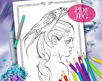 FANTASY COLORING PAGE 'Raven Totem' - Totem Animals, Ravens, Birds, Portraits, Coloring Pages for Adults, Printable, pdf, jpg