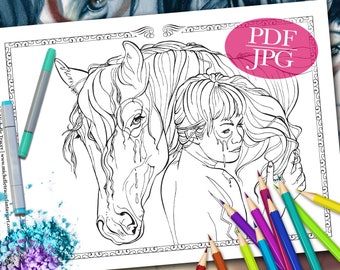 FANTASY COLORING PAGE 'Horse Totem' - Horses, Animals, Faces, Coloring Pages for Adults, Printable, pdf, jpg