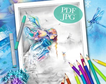 Grayscale Fairy and Deer Coloring Page: Winter Fantasy (PDF, JPG)