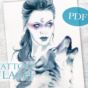 WOLF TATTOO FLASH - &#39;Wolf Totem&#39; | Fantasy Art Tattoo Design | Animal Tattoo | Fantasy Women Tattoo Design | pdf
