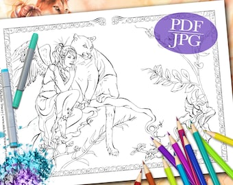 FANTASY COLORING PAGE  'The Kindred Spirit' - Fantasy, Lion, Angel, Coloring Page for Adults, Printable Download, pdf, jpg