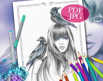 Crow Totem Grayscale Coloring Page: Fantasy Animals (PDF, JPG)