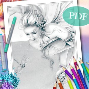 GRAYSCALE COLORING PAGE &#39;Sienna Fairy No. 4&#39; | Fairy Grayscale Coloring Page | Fantasy Grayscale Coloring Page For Adults | pdf