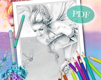 GRAYSCALE COLORING PAGE 'Sienna Fairy No. 4' | Fairy Grayscale Coloring Page | Fantasy Grayscale Coloring Page For Adults | pdf