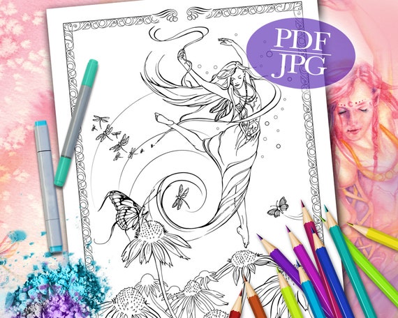 Fairy Coloring Page Fairy Dance Fantasy Fairies Etsy fairy coloring page fairy dance fantasy fairies dragonflies butterflies coloring pages for adults printable pdf jpg