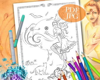 HALLOWEEN COLORING PAGE  'Something Wiccan This Way Comes' | Halloween Coloring Page | Coloring Page for Adults | Fairy Coloring Page | pdf