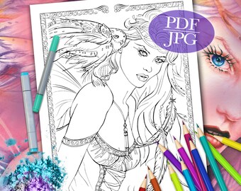 FAIRY COLORING PAGE  'Into The Night' - Fantasy, Fairies, Owl, Feathers, Coloring Pages for Adults, Printable, pdf, jpg