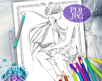 FAIRY COLORING PAGE  'Friendship' - Fantasy, Fairies, Butterfly, Coloring Pages for Adults, Printable Download, pdf, jpg