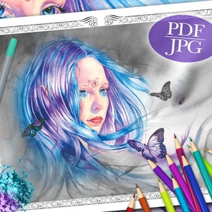 GRIJSWAARDEN KLEURPAGINA 'Fairies Cry Too' - Fantasy, Fairy, vlinders, grijswaarden kleurplaat voor volwassenen, pdf, jpg