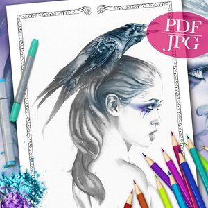 GRAYSCALE COLORING PAGE &#39;Raven Totem&#39; - Fantasy, Ravens, Crows, Animal, Faces, Grayscale Coloring For Adults, pdf, jpg