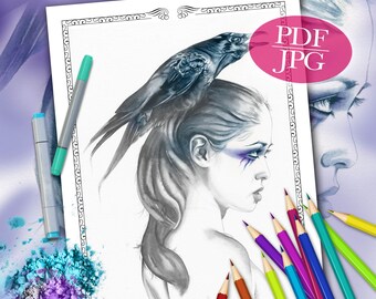 GRAYSCALE COLORING PAGE 'Raven Totem' - Fantasy, Ravens, Crows, Animal, Faces, Grayscale Coloring For Adults, pdf, jpg