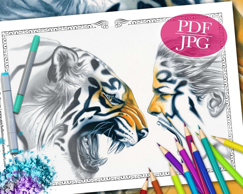 GRAYSCALE COLORING PAGE 'Tiger Totem' Fantasy Coloring Page, Animal Grayscale Coloring Page, Tiger, Faces, Coloring Page For Adults, pdf image 1