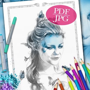 GRAYSCALE COLORING PAGE &#39;Butterfly Totem&#39; - Fantasy, Butterflies, Faces, Grayscale Coloring for Adults, pdf, jpg