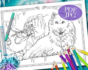 WOLF COLORING PAGE  'Wolf Dreaming' - Fantasy, Wolves, Goddess, Coloring Page for Adults, Printable Download, pdf, jpg