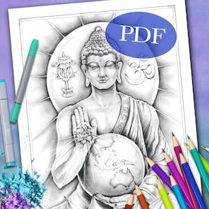 GRAYSCALE COLORING PAGE 'Protection Buddha' Buddha Coloring Page, Greyscale Coloring Page For Adults, Printable, pdf image 1
