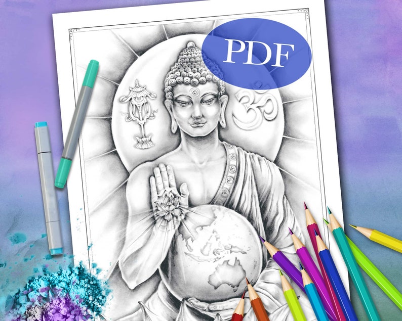 GRAYSCALE COLORING PAGE 'Protection Buddha' Buddha Coloring Page, Greyscale Coloring Page For Adults, Printable, pdf image 1