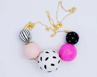 pink beaded necklace, hand painted wooden beads, modern statement necklace, handmade jewellery