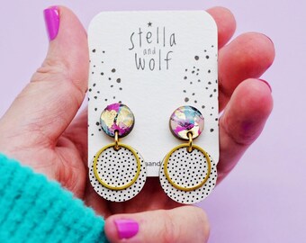 polka dot earrings Hand painted polka dot earrings wood earrings pink hand painted earrings polka dot art,pink and white polka earrings