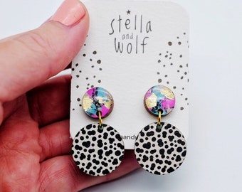 Dalmatian print drop earrings, monochrome jewellery, abstract pattern earrings, black and white polka dot