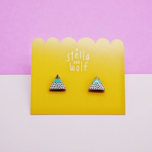 Turquoise triangle earrings, hand painted wooden studs, polka dot earrings, wooden jewellery gift for her