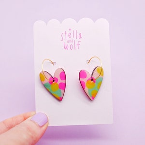 Colourful spotty abstract heart hoop earrings, fun statement earrings, Mother’s Day earring gift, contemporary jewellery