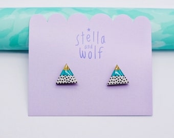 Hand painted modern wooden triangle studs, teal geometric earrings, spotty earrings,