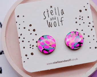 Colourful abstract Statement studs, large wooden earrings, fun quirky jewellery, modern hand painted jewellery