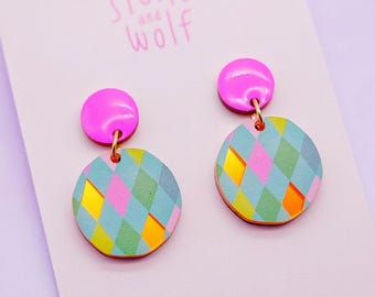 Colourful harlequin drop earrings, circus print jewellery, quirky jewellery, statement earrings, neon pink studs