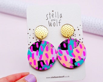 Large colourful abstract statement earrings, gold polka dot studs, festival jewellery, party earrings