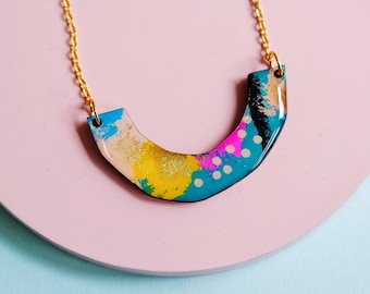 Colourful geometric statement necklace, modern wooden jewellery, abstract pendant