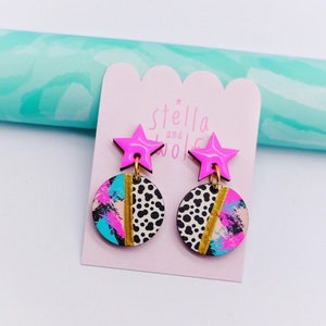 Pink star statement earrings, colourful drop earrings, bold and bright accessories, happy gift