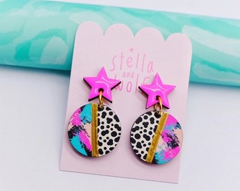 Pink star statement earrings, colourful drop earrings, bold and bright accessories, happy gift