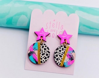 Neon Pink star drop earrings, colourful animal print jewellery, 80’s inspired, bold accessories,