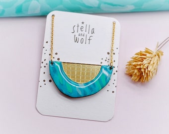 Teal and gold bib style statement necklace, colourful wooden jewellery