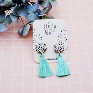 Retro style tassel earrings, geometric dash studs, hand painted wooden jewellery, unique gifts for her,