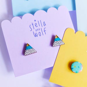 Hand painted modern wooden triangle studs, teal geometric earrings, spotty earrings,