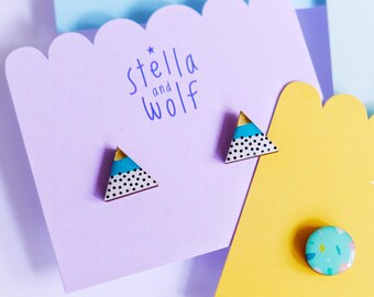 Teal polka dot wooden triangle studs, geometric earrings, handmade jewellery