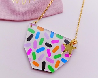 Confetti sprinkle statement necklace, modern contemporary jewellery, rainbow dash pattern, geometric bib necklace, unique jewellery gift