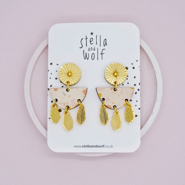 Wooden statement terrazzo earrings with gold mirrored engraved acrylic studs and acrylic drops
