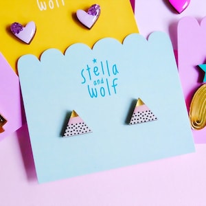 Pink and Gold Polka Dot Triangle Studs, Handmade Wooden Earrings, Modern Geometric Jewellery