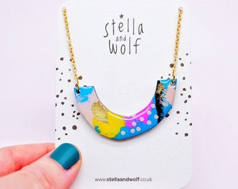 Colourful geometric statement necklace, modern wooden jewellery, abstract pendant