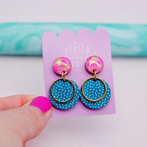 Pretty teal and pink polka dot drop earrings