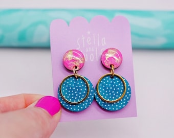 Teal, pink and gold polka dot drop earrings, handmade wooden jewellery