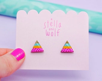 Shocking pink and mustard triangle earrings, bold bright trendy studs, quirky geometric earrings, women’s secret Santa gifts